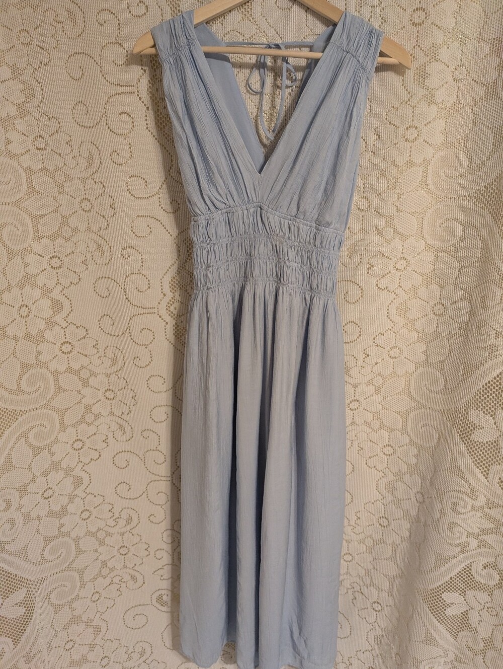 Abercrombie & Fitch Light Blue V-Neck Smocked Midi Dress